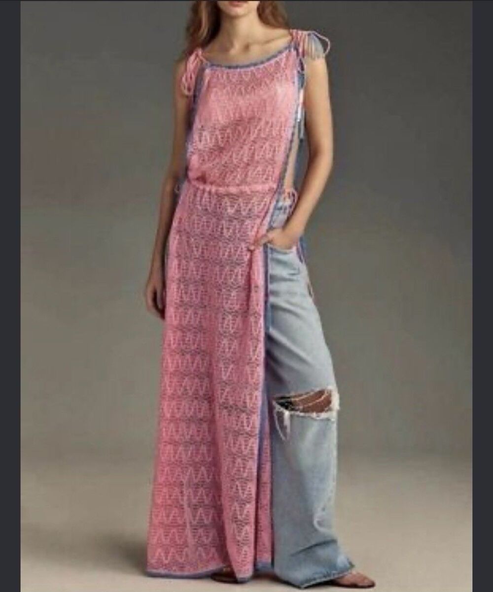 Crochet Side-Slit Tunic Maxi Cover Up Women’s One Size Pink/Blue Anthropologie